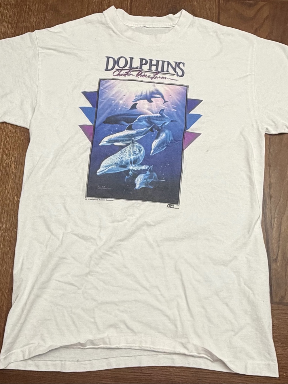 Vintage Christian Riese Lassen Dolphins Graphic Tee in White and Blue Sz L